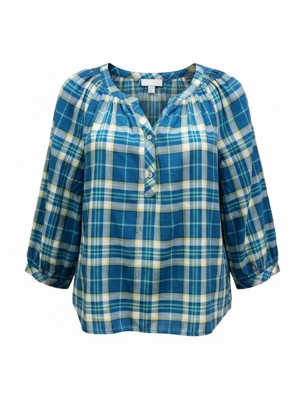 J JILL Teal Plaid Boho Peasant Top Blouse Fall